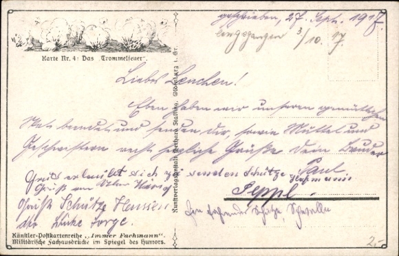 Artist Postcard Always Expert, Military Terms No. 4, Drum Fire, Soldiers