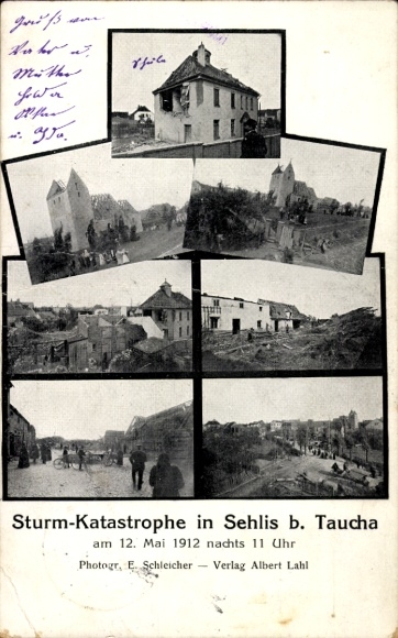 Ak Sehlis Taucha in Nordsachsen, Sturm-Katastrophe,  Fotos von Zerstörungen, 12. Mai 1912