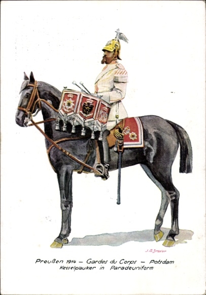 Artist Postcard Prussia 1914, Gardes du Corps, Kettledrum player in parade uniform, Stamp Day 1943