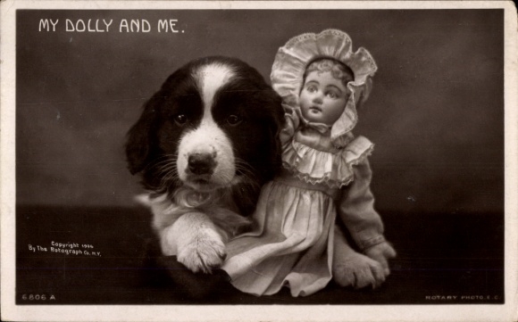 Ak My Dolly and me, Hund mit Puppe