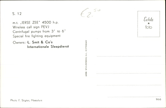Postcard tugboat MT Ierse Zee, L. Smit &amp; Co, International Sleepdienst