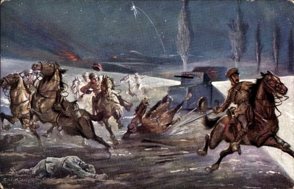 Artist Postcard Kiesslich, cavalry battle in Northern France, battle, German Uhlans, French dragoons
