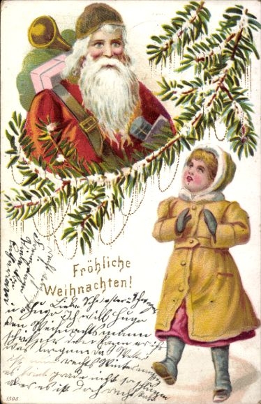 Litho Glückwunsch Weihnachten, Weihnachtsmann, Kind, Tannenzweige
