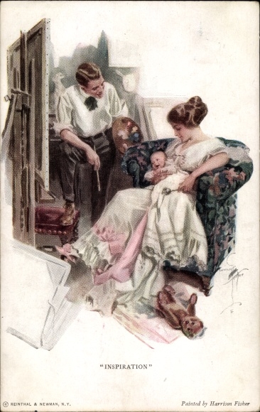 Artist Postcard Fisher, Harrison, inspiration, mother with child, painter, teddy bear