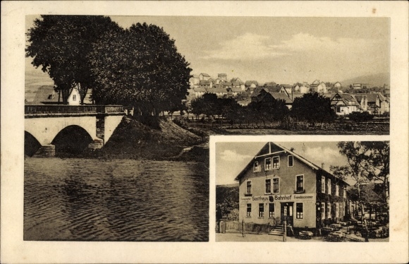 Postcard Cölbe Lahn, Inn zum Bahnhof, panorama of the place