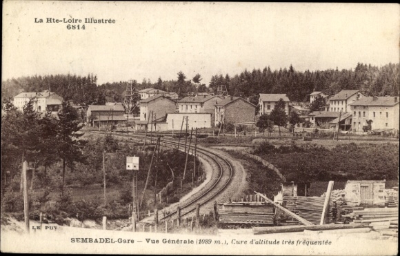 Postcard Sembadel Haute-Loire France, train station, panorama