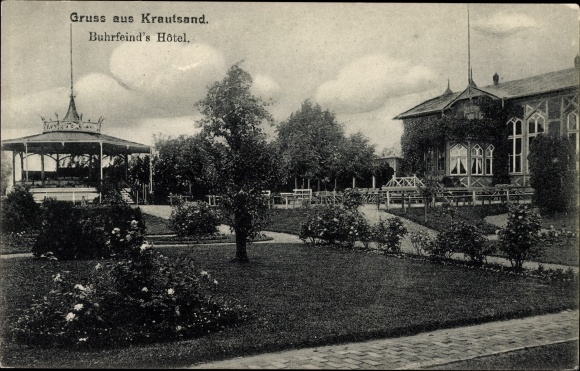 Postcard Krautsand Drochtersen in the district of Stade, Buhrfeind&#39;s Hotel, gardens