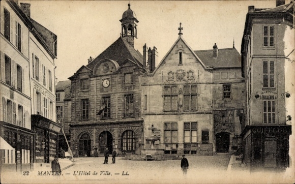 Ak Mantes la Jolie Yvelines, Stadtansicht, L'Hôtel de Ville, Uhrturm, historische Architektur