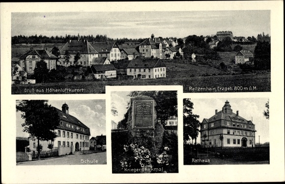 Ansichtkaart Reitzenhain Marienberg in het Ertsgebergte, overzicht, school, gemeentehuis, oorlogsmonument