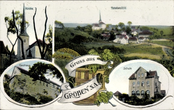 Ak Gröben Teuchern im Burgenlandkreis, Kirche, Gasthaus, Schule, Totalansicht