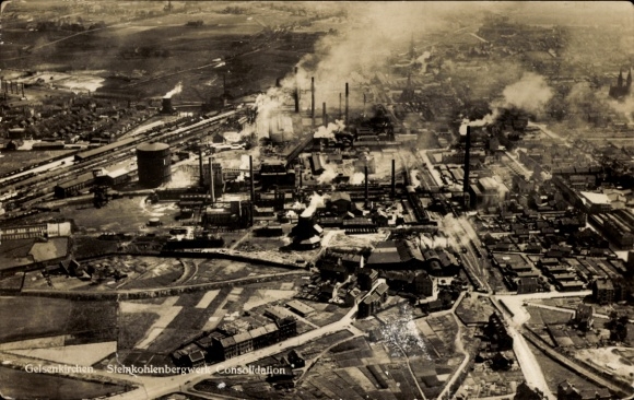 Postcard Gelsenkirchen in the Ruhr area, Zeche Consolidation, hard coal mine, aerial photograph