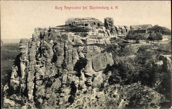 Postcard Blankenburg am Harz, Regenstein Castle, rocks, trees, landscape