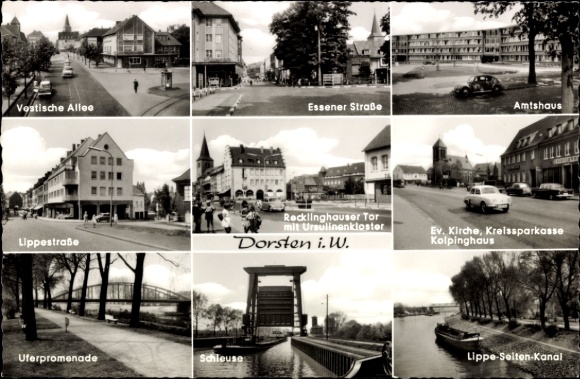 Postcard Dorsten in Westphalia, Vestische Allee, Essener Straße, Amtshaus, Lippestraße, Lock, Amtshaus