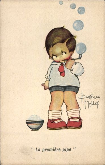 Artist Postcard Mallet, Beatrice, The premier pipe, Child makes soap bubbles with a pipe