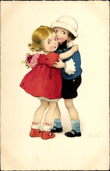 Artist PC Baumgarten, Fritz, boy and girl, hug, flowers