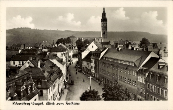 Postcard Schneeberg in the Ore Mountains, view from the town hall, rooftops