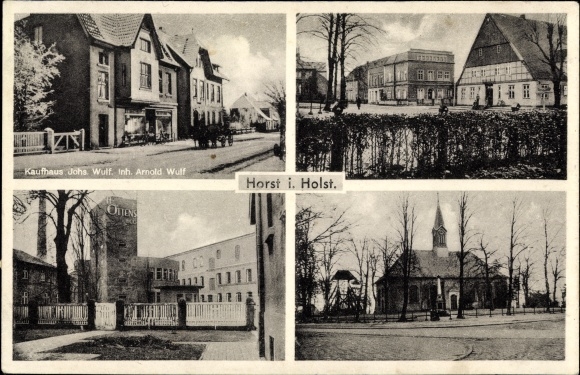 Ak Horst in Holstein, stadsgezichten, kerk, warenhuis Johs. Wulf.