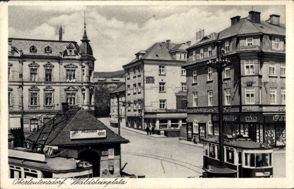 Postcard Litvínov Oberleutensdorf Reg. Ústí nad Labem, Waldsteinplatz, tram, Pelzhaus Ott