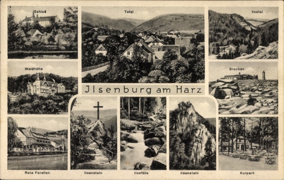 Postcard Ilsenburg im Harz, Various landscapes, buildings and nature scenes, text 'Isenburg am Harz'