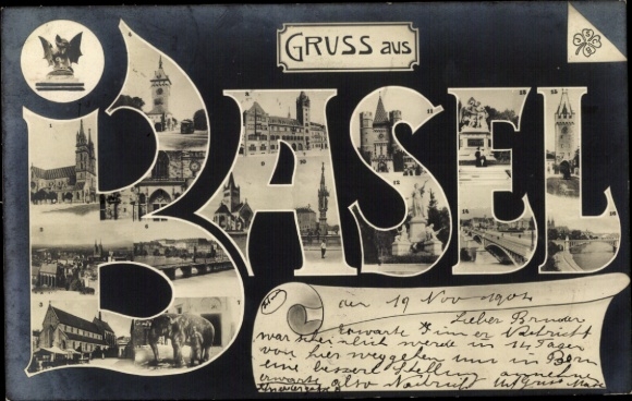 Letters Postcard Bâle Basel City Switzerland, town views in the lettering Basel, churches, monument
