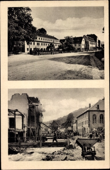 Postcard Berggiesshübel in Saxony, main street before and after storm 1927, flood
