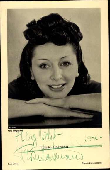 Ak Schauspielerin Rosita Serrano, Portrait, Ross Verlag A 3402/1, Autogramm