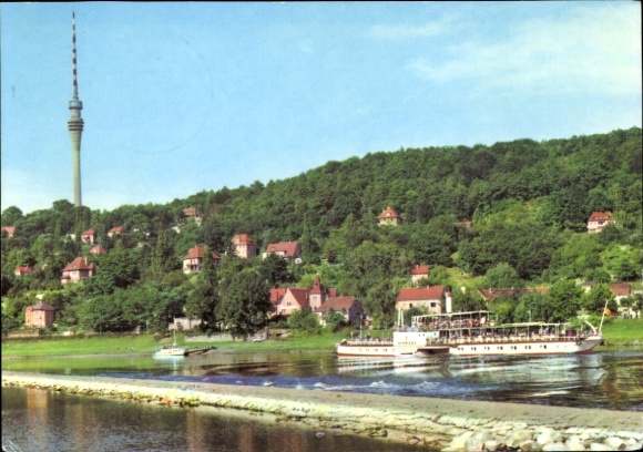 Postcard Dresden Wachwitz, Elbe view, White Fleet, TV tower