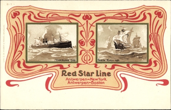 Passepartout Ak Red Star Line, Antwerpen New York, Boston, Passagierdampfer Vaderland 1900