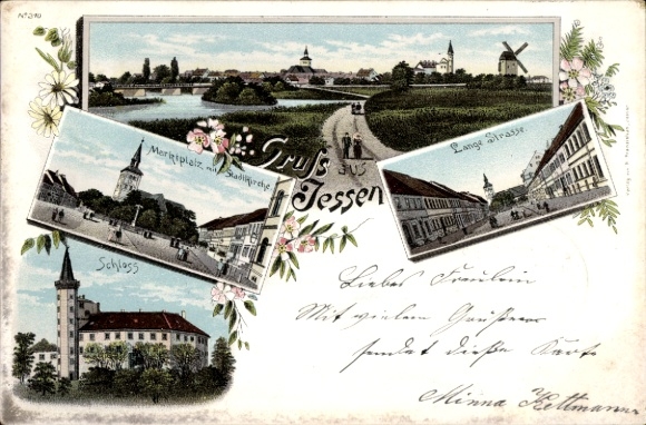 litho Jessen in Saksen-Anhalt, marktplein, Long Street, stadskerk, kasteel, windmolen