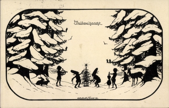 Paper cutting artist Postcard Forck, E., Christmas night, dwarves, Christmas tree