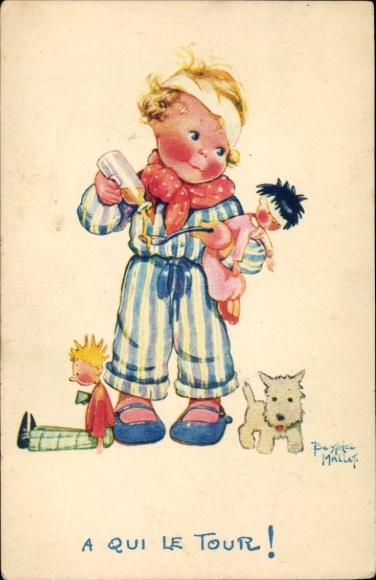 Artist Postcard Mallet, Beatrice, child with dolls, dog, cough syrup,Comite National de l'Enfance