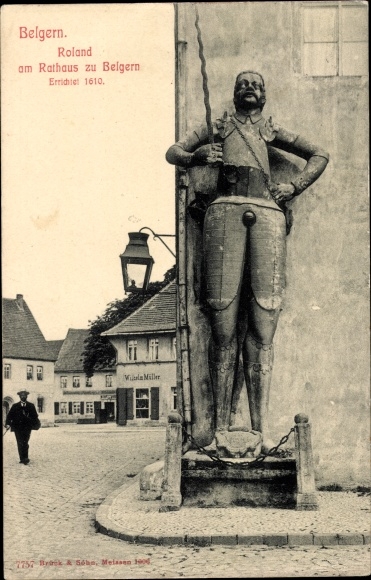 Postcard Belgern on the Elbe, Roland at the town hall