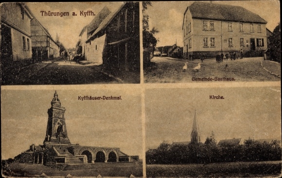 Ak Thürungen Kelbra am Kyffhäuser, kerk, herberg, straatgedeelte, Kaiser-Wilhelm-monument