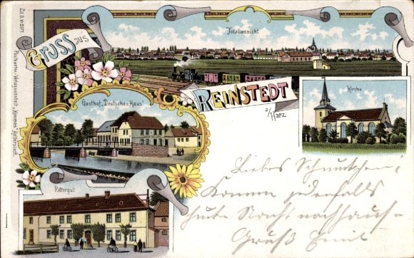 litho Reinstedt Falkenstein am Harz, Gasthof Deutsches Haus, kerk, landhuis, lang zicht, trein