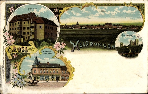 Litho Heldrungen in Thüringen, Schloss, Sachsenburg, Geschäftshaus Paul S...