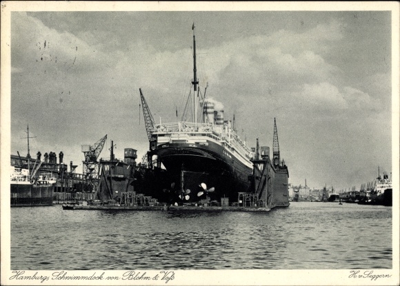 Ak Hamburg, Schwimmdock der Blohm & Voß Werft, Dampfer, Hafen