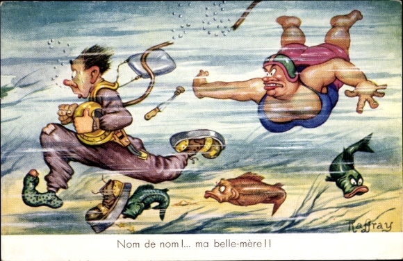 Artist Postcard Raffray, diver is chased underwater by his mother-in-law
