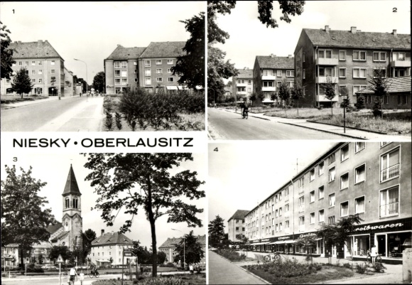 Postcard Niesky in Upper Lusatia, Zinzendorfplatz, AWG settlement Gersdorfstr., church