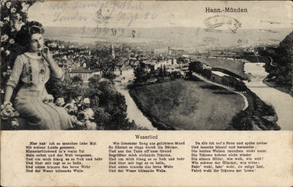 Postcard Hann. Münden in Lower Saxony, woman with lute, Weser River, poetic text