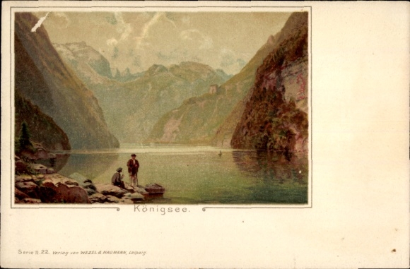 Artist Chromo-Litho Schönau am Königssee, shore area with Alps