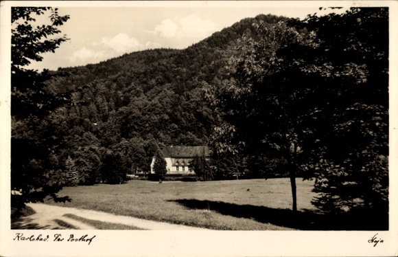 Postcard Karlsbad in Baden, inn, forest and mountains, architecture, vintage photography