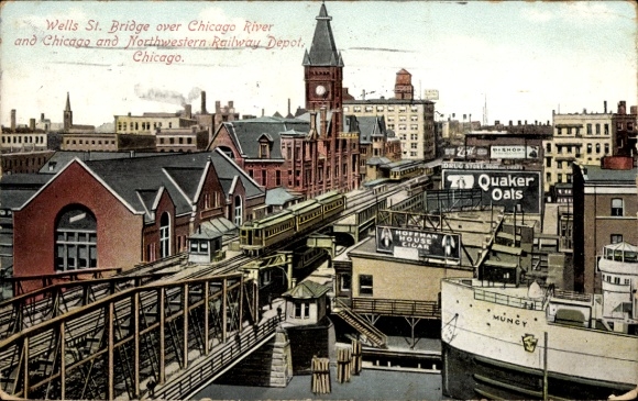PC Chicago Illinois USA, Wells St. Bridge, Chicago River en Chicago en Northwestern Railway Depot