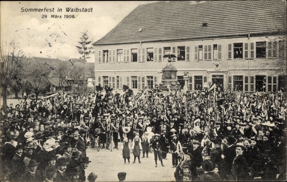 Postcard Waibstadt in Baden, summer festival March 29, 1908, festival party, monument