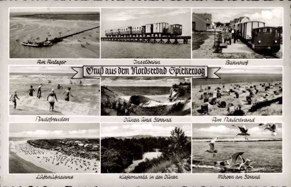 Postcard North Sea resort Spiekeroog in East Frisia, jetty, island railway, train station, beach, pine forest, dunes