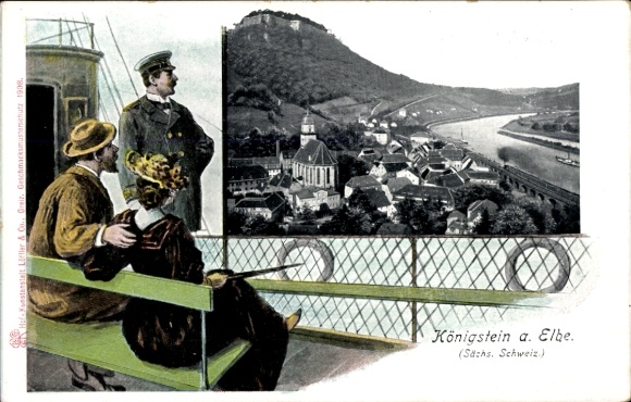 Ak Königstein an der Elbe Sächsische Schweiz, Gesamtansicht, Paar, Dampfer