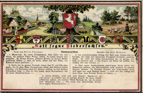 Postcard Hannover, Hannoverlied, Hannover, you my homeland, Haidschnucken, coat of arms