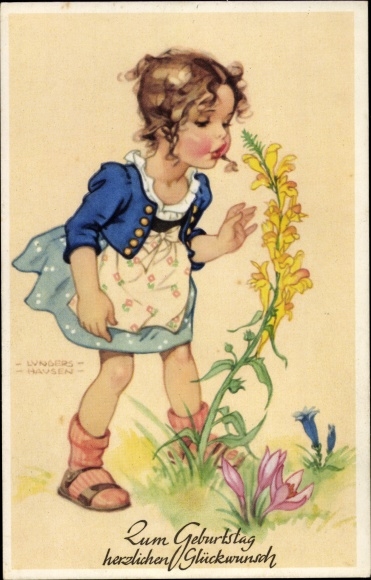 Artist Postcard Lungershausen, Ilse Wende, congratulations birthday, girl smells flowers