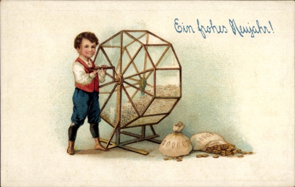 Embossing Postcard Congratulations New Year, Lottery, Coins