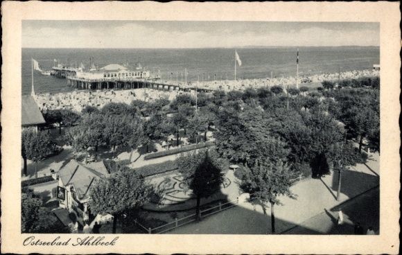 Postcard Ostseebad Ahlbeck on Usedom, Baltic Sea resort beach, pier, bathers, trees