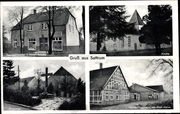 Postcard Sottrum in Lower Saxony, business, church, Cordes inn, Rich. rehm